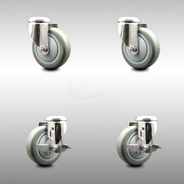 Service Caster 4 Inch 316SS Gray Polyurethane Wheel Swivel Bolt Hole Caster Brakes SCC, 2PK SCC-SS316BH20S414-PPUB-2-TLB-2 - main